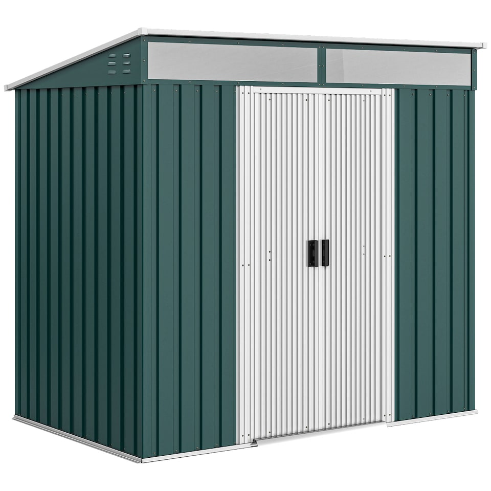 image 1 of Outsunny 6.5 x 4FT Galvanised Metal Garden Shed with Double Sliding Doors and 2 Vents, Lockable Tool Storage House with Foundation Kit, Green