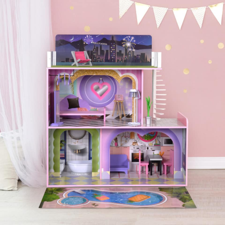 image 1 of Teamson Kids Wooden Dreamland 2 Storey Doll House for 12" Dolls, Dollhouse