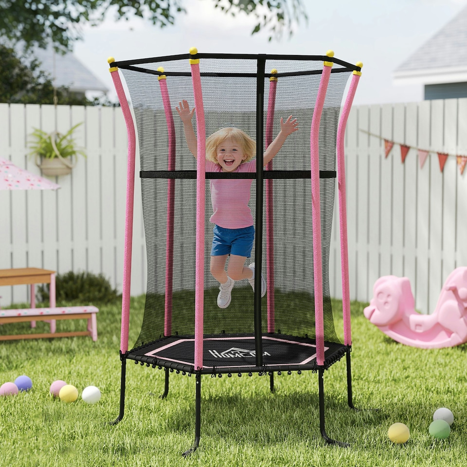 image 1 of HOMCOM 4FT Kids Trampoline With Enclosure Indoor Outdoor, Pink | Pink | Pink