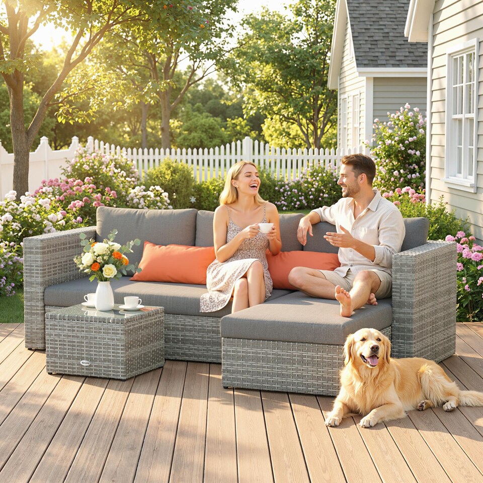 image 1 of Outsunny 3 PCS Outdoor PE Rattan Chaise Lounge Furniture Sofa Set w/ Cushions