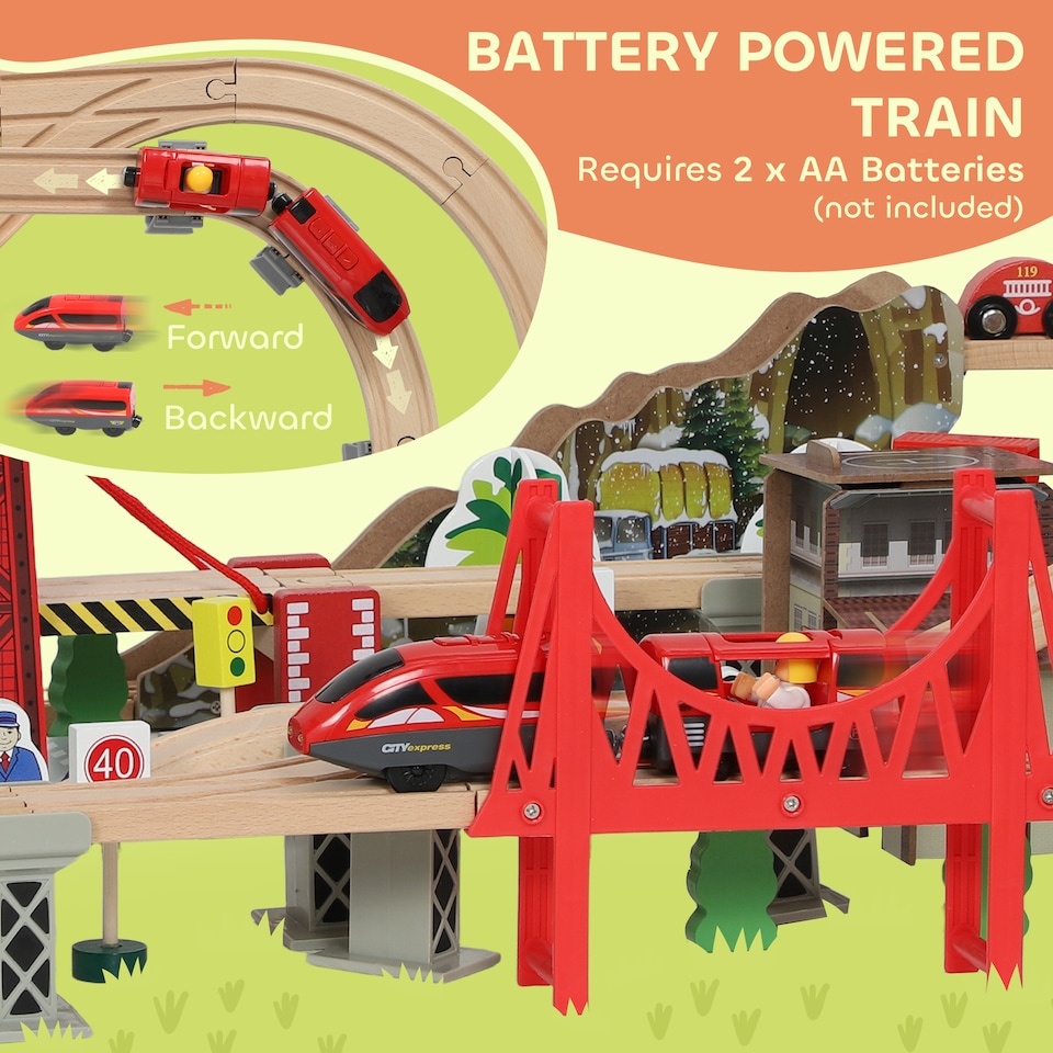 image 1 of AIYAPLAY Wooden Train Set, 100 Piece Train Track Toy for 3+ Years Kids, Boys & Girls, Magnetic Wooden Railway Toys with Crane, Bridge, Helicopter, STEM-Inspired Gift for Toddlers