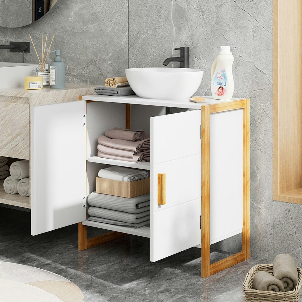 image 1 of Living and Home Dual-door Under Sink Cabinet Bamboo Framed - 60*30*60cm | White