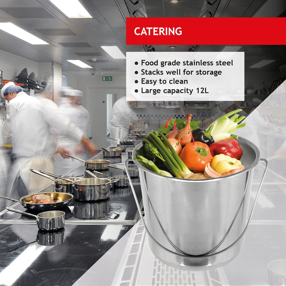 image 1 of SPARES2GO 12 Litre Bucket Large Heavy Duty Stainless Steel Pail Double Welded 12L + Handle