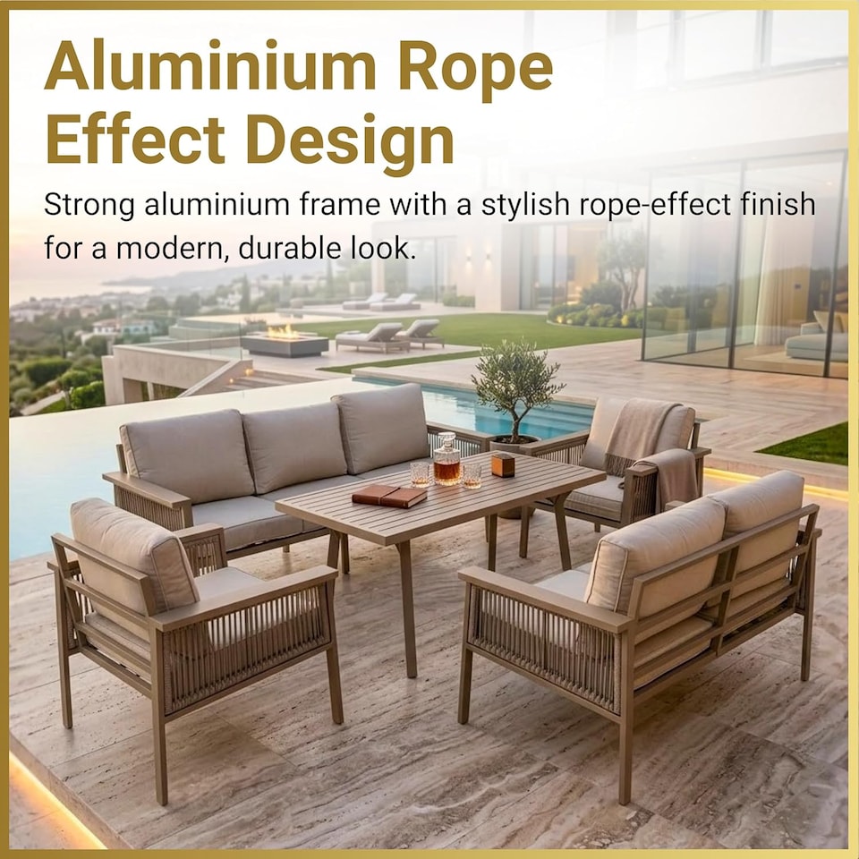 image 1 of Aluminium Garden Furniture Set 7 Seater Beige Outdoor Patio Sofa Set - Poly Rattan Rope Loveseat, Armchairs, Dining Table, Thick Cushions for Lounge Conservatory Balcony Seating