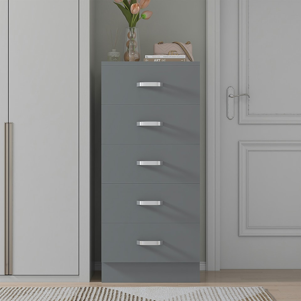 image 1 of FWStyle Tunis 5 Drawer Tallboy Slim Chest Of Drawers - Matt Grey