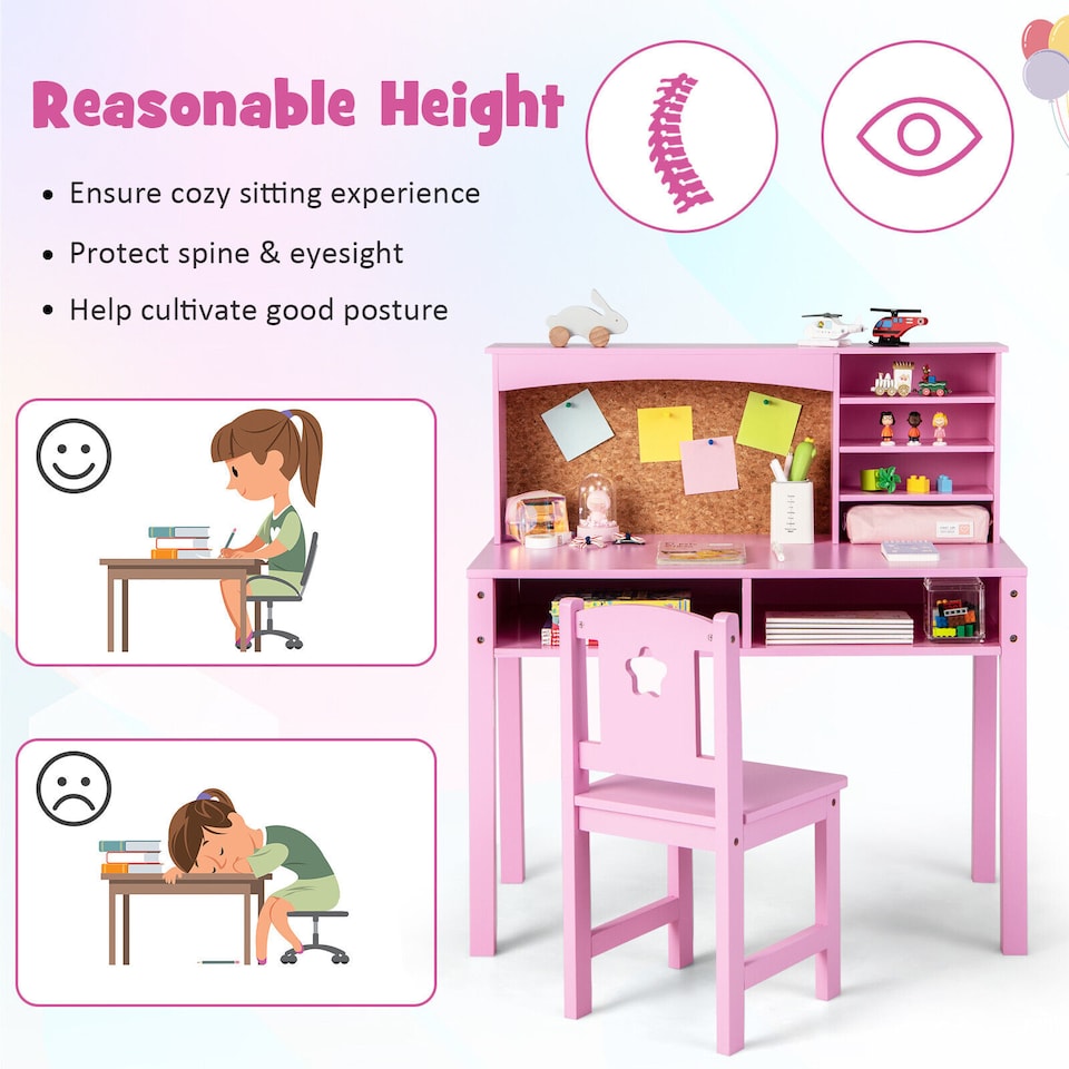 image 1 of COSTWAY Kids Desk and Chair Set Wooden Children Learning writing Table-Pink