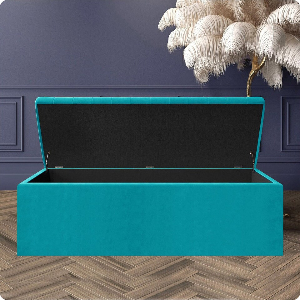 image 1 of 150cm Safar Large Striped Storage Ottoman Box, Teal Plush Velvet Upholstered Deep Storage Ottoman End of Bed Bench