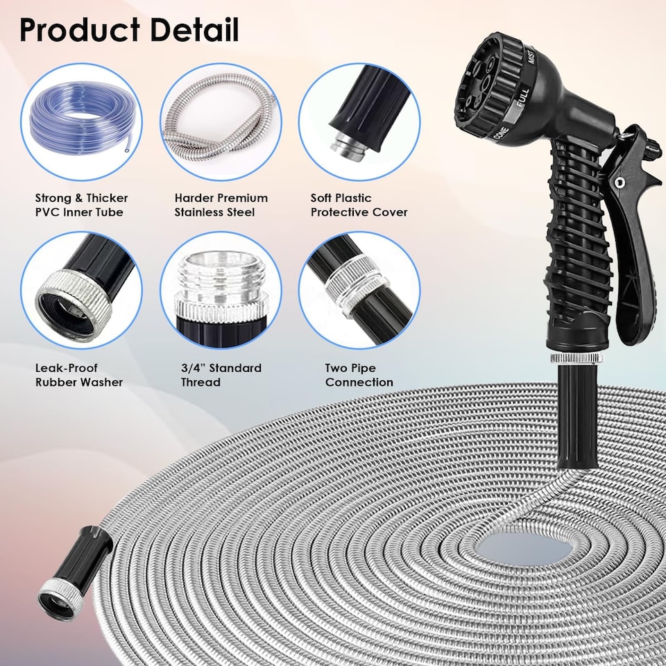 image 1 of 100FT Garden Hose Pipe Stainless Steel Lightweight Durable Strong Kink Free Leakproof Rust-Proof Spray Water Gun HosePipe Reel 30M