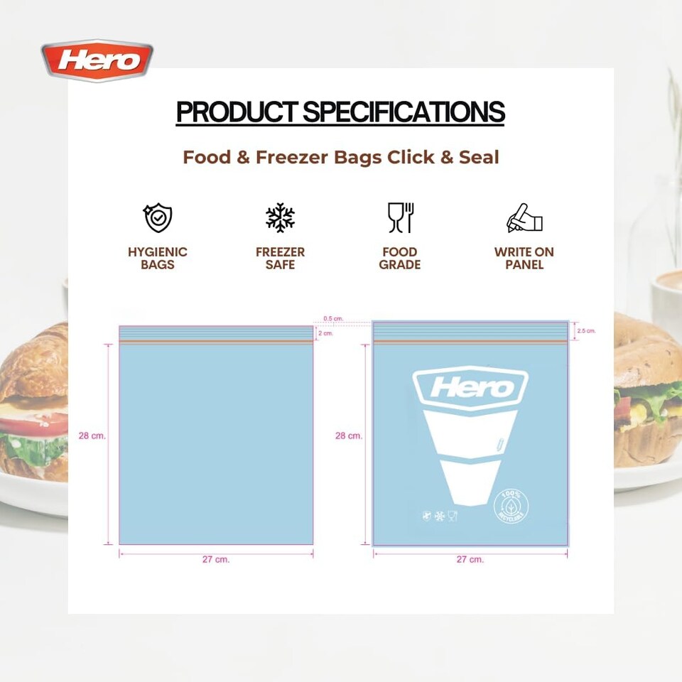 image 1 of Hero Sealable Freezer Bags 1.5L Pack of 15 Large Click Lock Food Storage Bags BPA Free for Fruits, Vegetables and Meal Prep