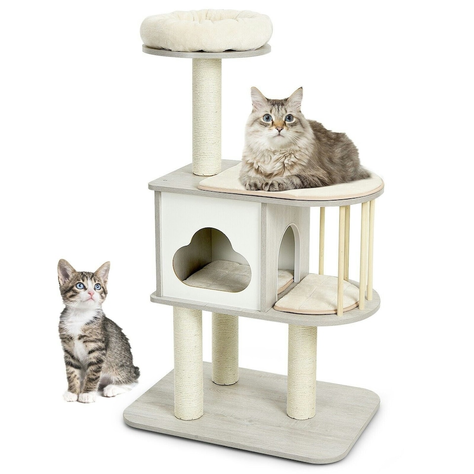 image 1 of COSTWAY Wooden Cat Tower 4-Tier Cat Tree Play Center