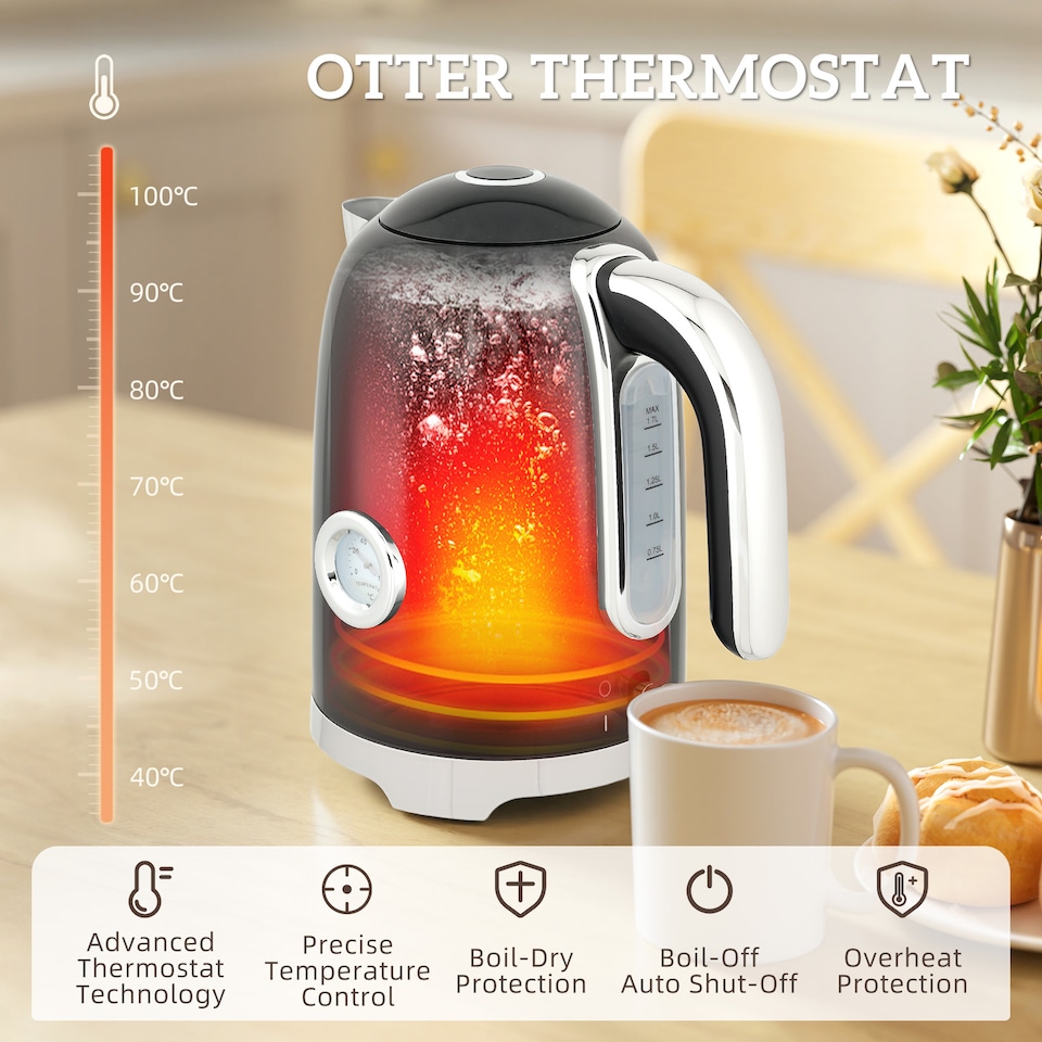 image 1 of HOMCOM Retro Kettle and Toaster Set with Temperature Gauge, 1.7L 3000W Rapid Boil Jug Kettle with Otter Thermostat, Limescale Filter, 4 Slice Toaster with 7 Browning Controls, Crumb Tray, Black | Black