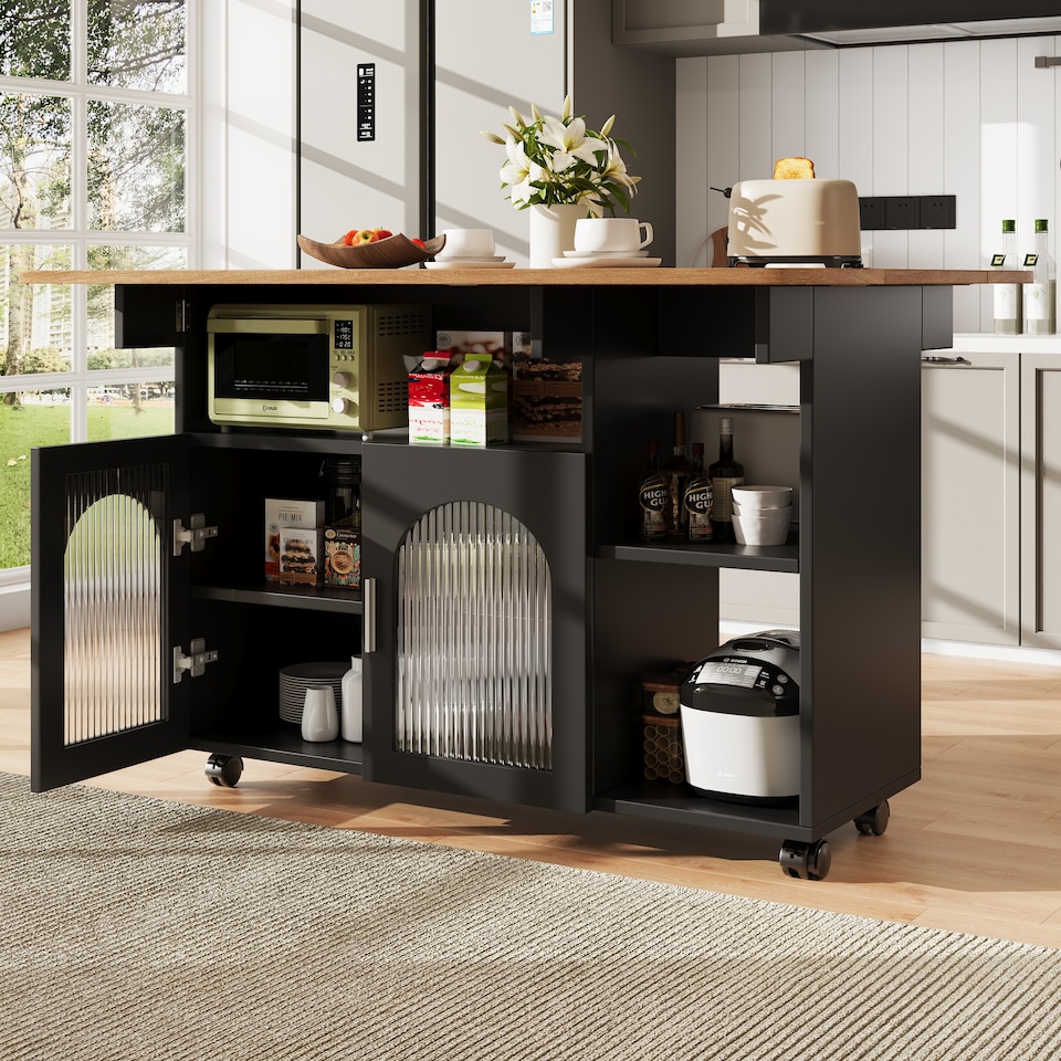 image 1 of VILUXE Kitchen island, kitchen cabinet, removable serving trolley, buffet cabinet, dining trolley with wood grain, buffet cabinet, multifunctional dining table with storage space, Black