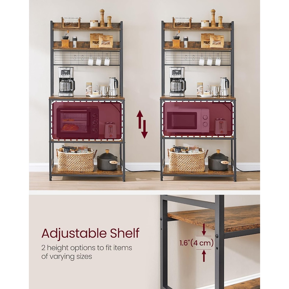 image 1 of Kitchen Storage Rack with Power Outlet, Coffee Station Style Baker’s Rack with Hooks and Panel, Rustic Brown and Ink Black