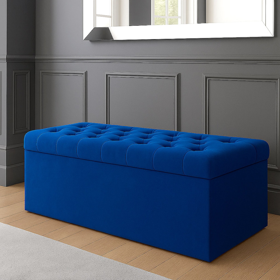 image 1 of 180cm SD Ottoman Storage Box, Sapphire Blue Velvet Upholstered Chesterfield Storage Ottoman Box