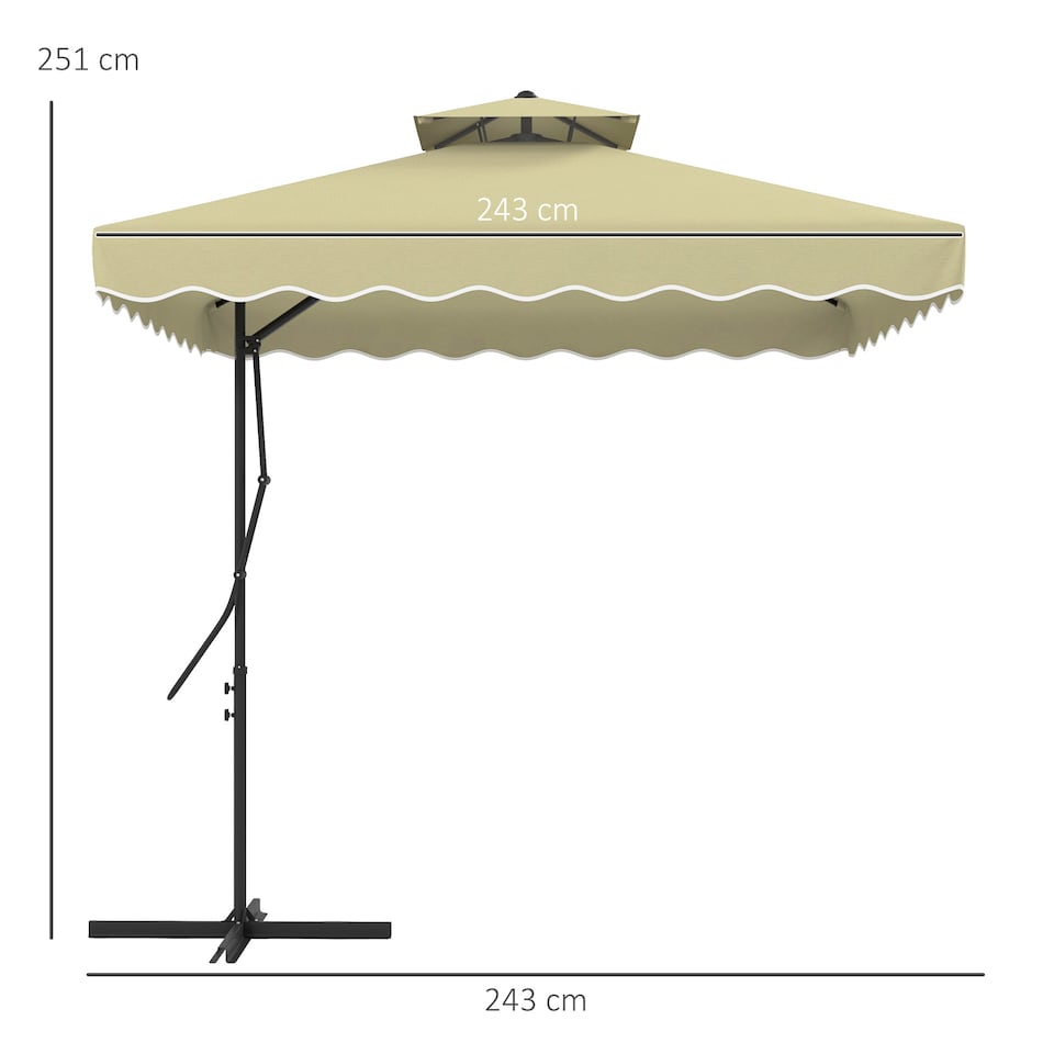 image 1 of Outsunny 2.5m Cantilever Parasol with Easy Lever, Square Double Top Garden Parasol Umbrella with Ruffles and Cross Base, Overhanging Outdoor Sun Shades, Beige