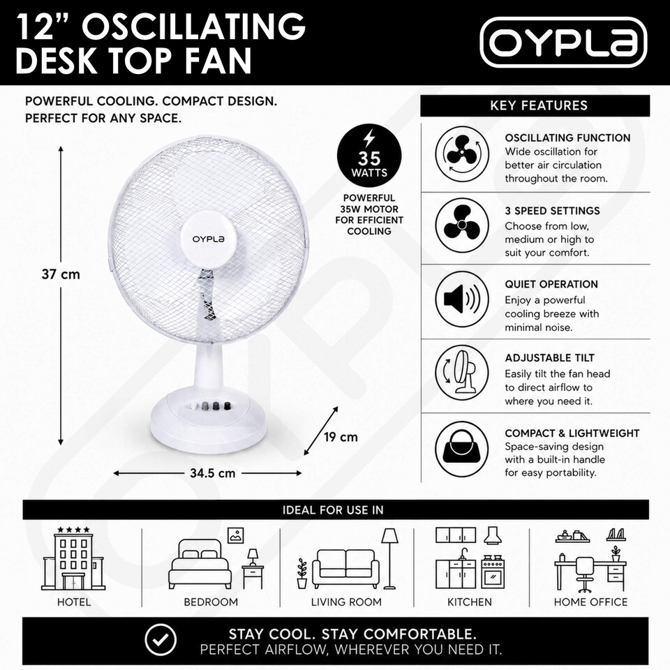image 1 of 12 Inch Oscillating White Desk Top Fan