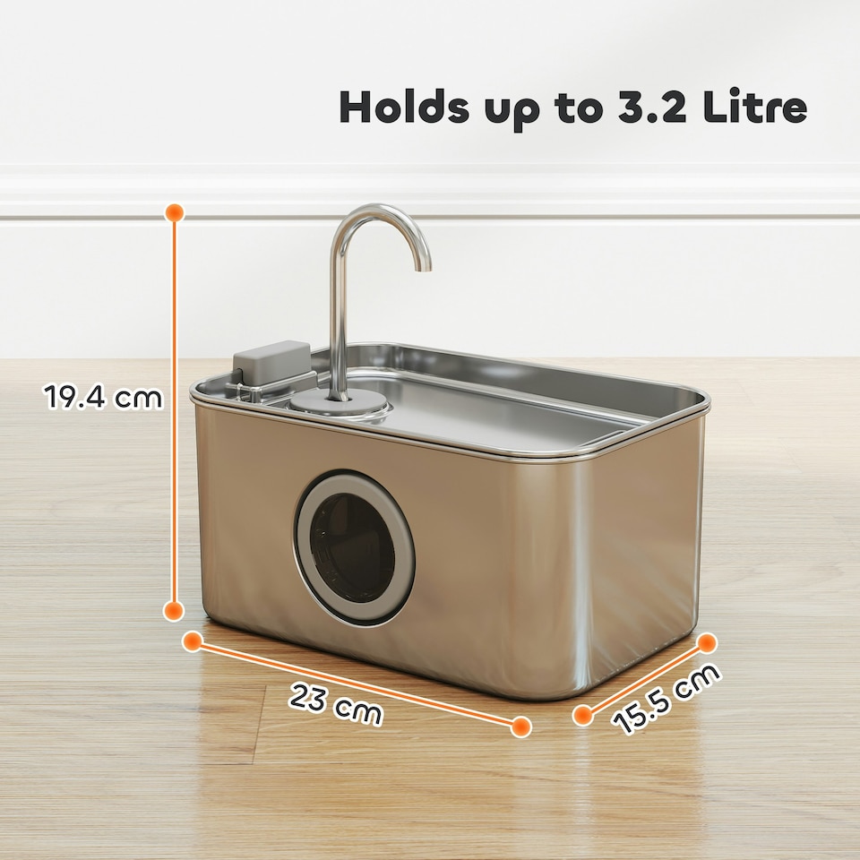 image 1 of PawHut 3.2L Cat Water Fountain for Drinking Stainless Steel Ultra-Silent Silver