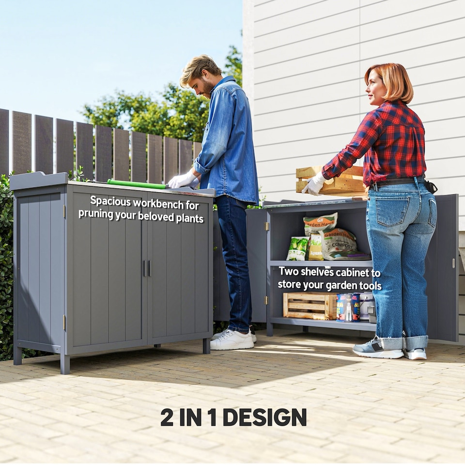 image 1 of Outsunny Garden Storage Cabinet Potting Bench Table with Galvanized Top, Grey | Grey
