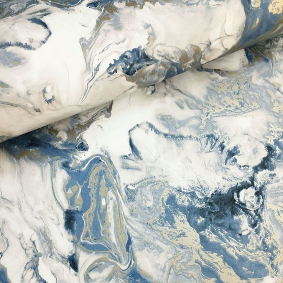 image 1 of Muriva Elixir Marble Wallpaper - Blue/Gold - 10m x 53cm Blue