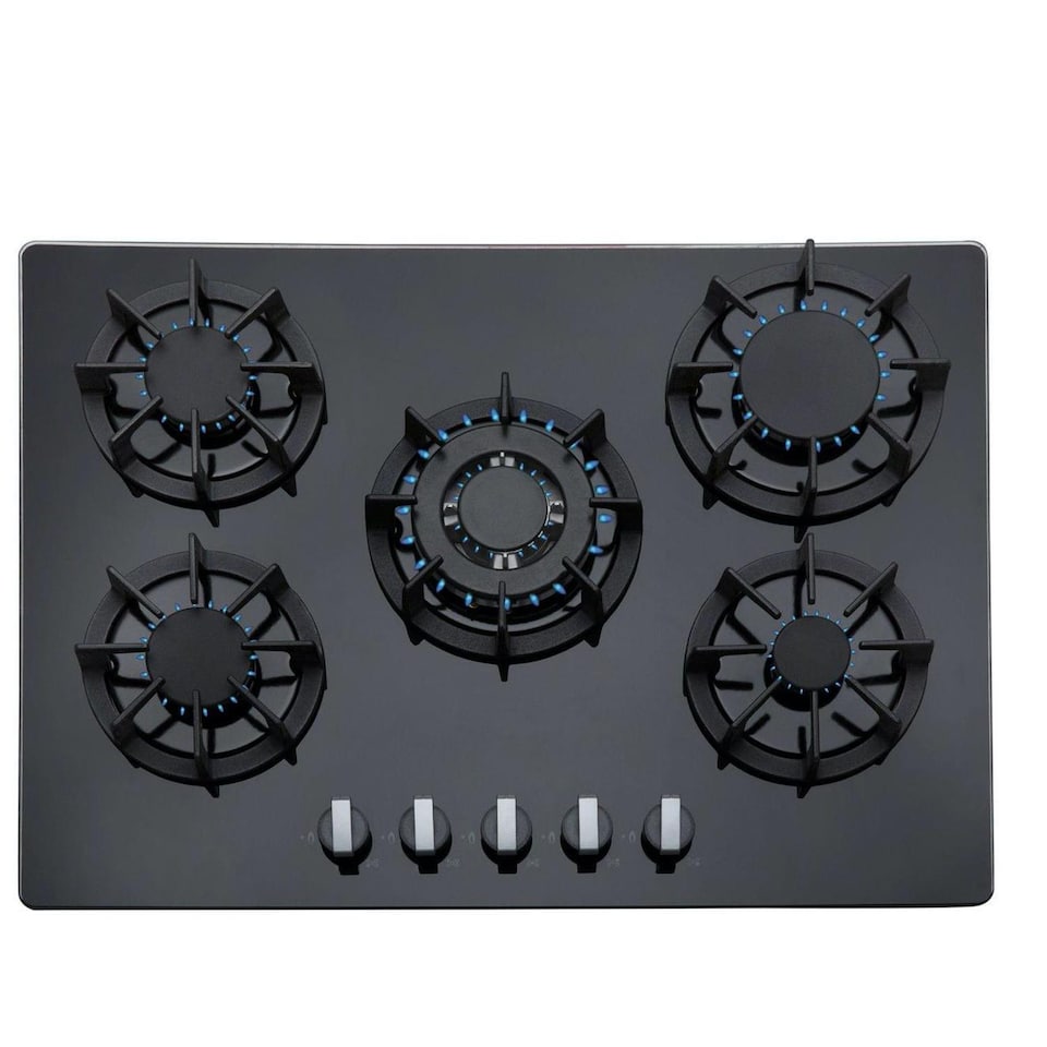 image 1 of SIA R8 70cm Black 5 Burner Gas On Glass Hob With Cast Iron Pan Stands