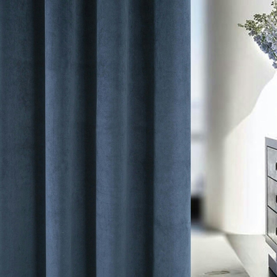 image 1 of Oxford Navy Velvet Curtains 46 x 54 inch (117 x 137 cm) 100% Blackout Pencil Pleat Thermal Noise Reducing Curtains for Bedroom and Living Room