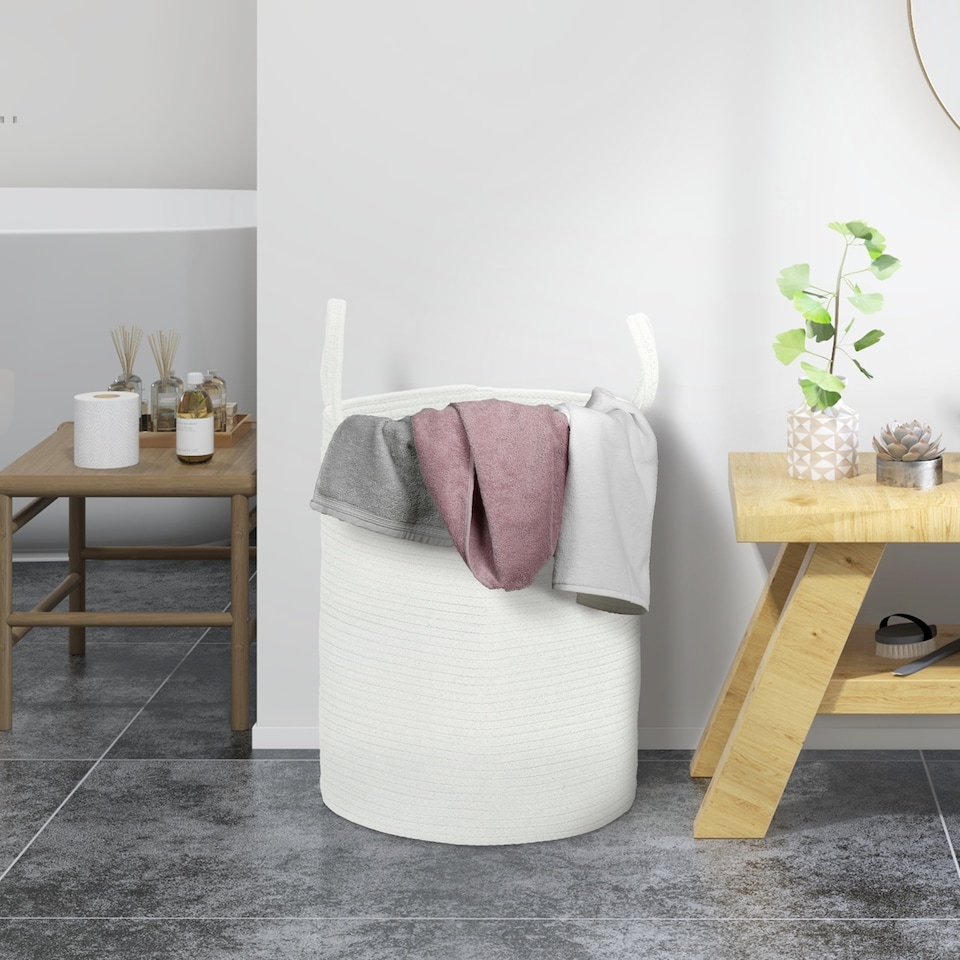 image 1 of HOMCOM 36L Laundry Hamper, Cotton Rope Laundry Basket with Handles, Collapsible Washing Bin, 38 x 45cm, Cream White