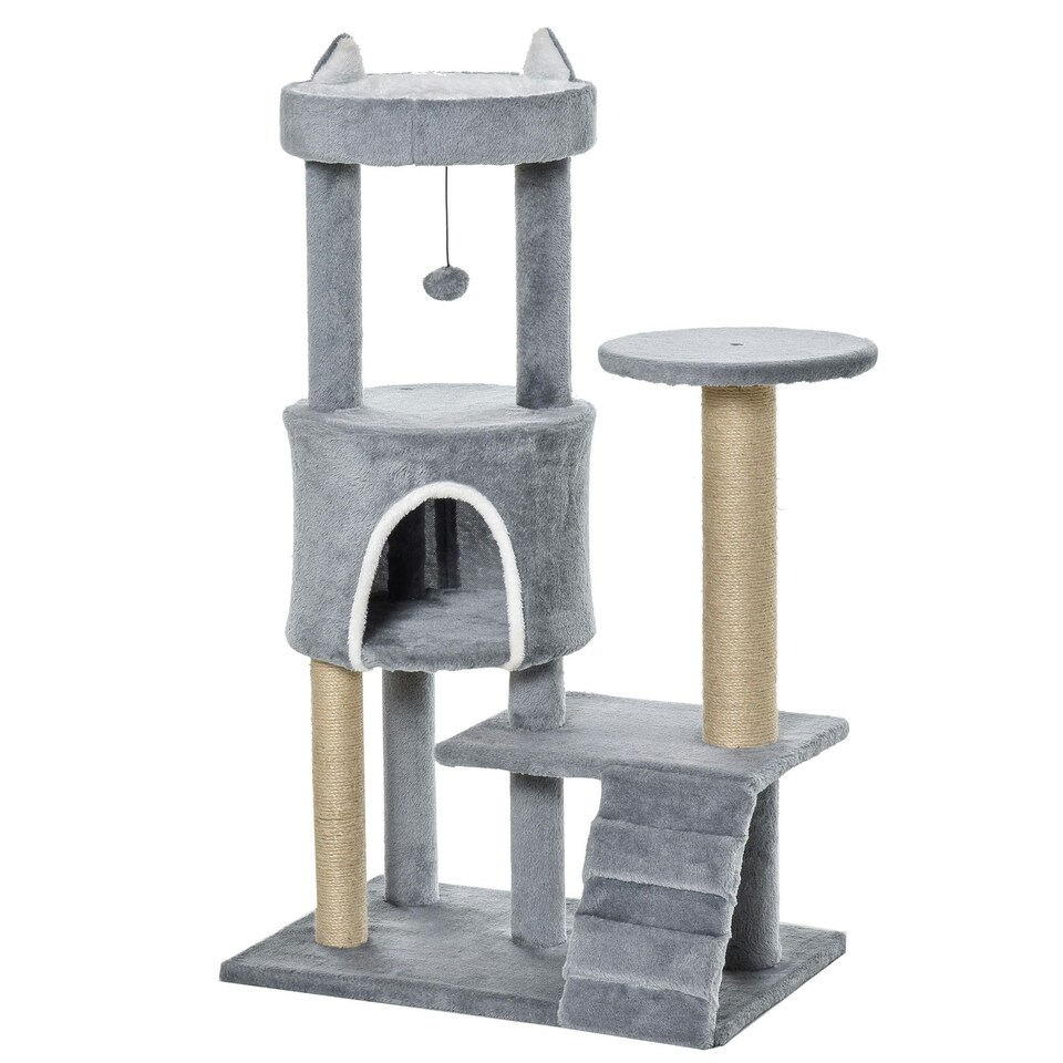 image 1 of PawHut 100cm Cat Condo Tree Tower with Scratching Post, Perch, Light Grey