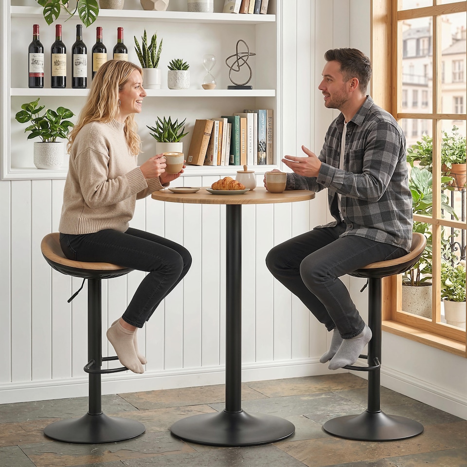 image 1 of HOMCOM Set of 2 Breakfast Barstools, PU Leather Swivel Bar Stools, Oak | Brown | Oak | 40 x 40 x 63-84 cm