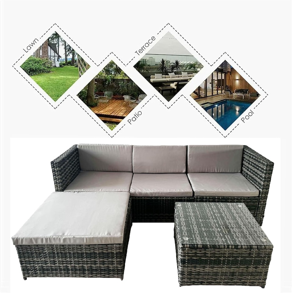 image 1 of Alivio 3-Seater PE Garden Rattan Corner Sofa Set with Coffee Table & UV-Resistant Cushions (Grey)