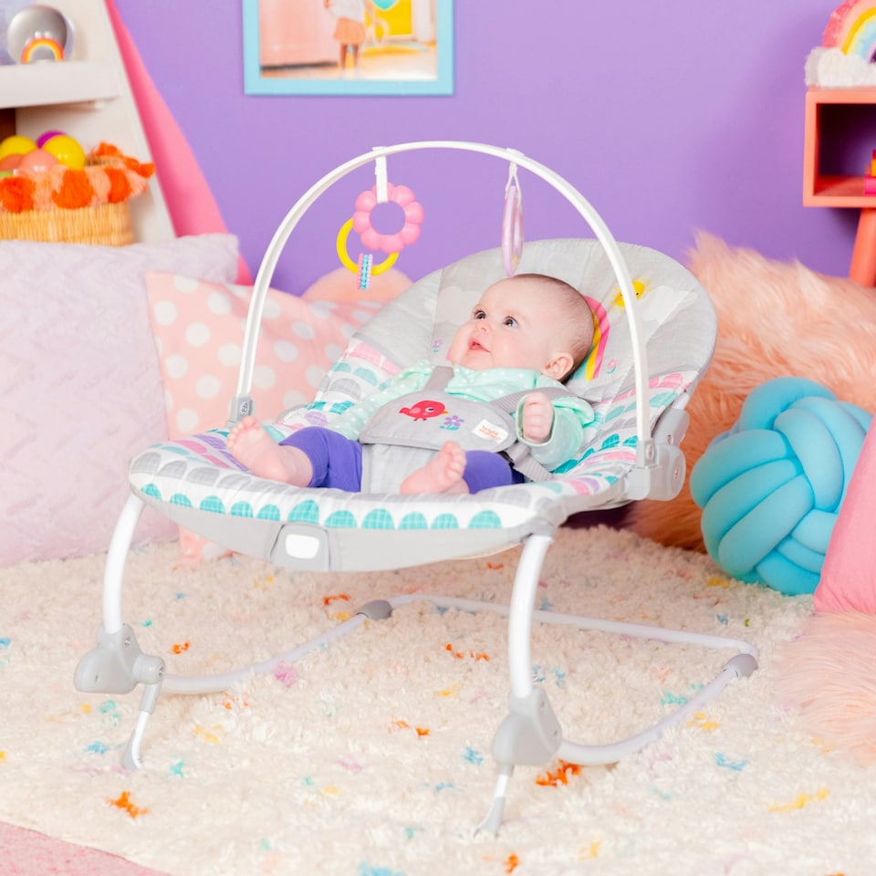 image 1 of Bright Starts Rosy Rainbow Infant to Toddler 2in1 Rocker / Stationary Seat 13030