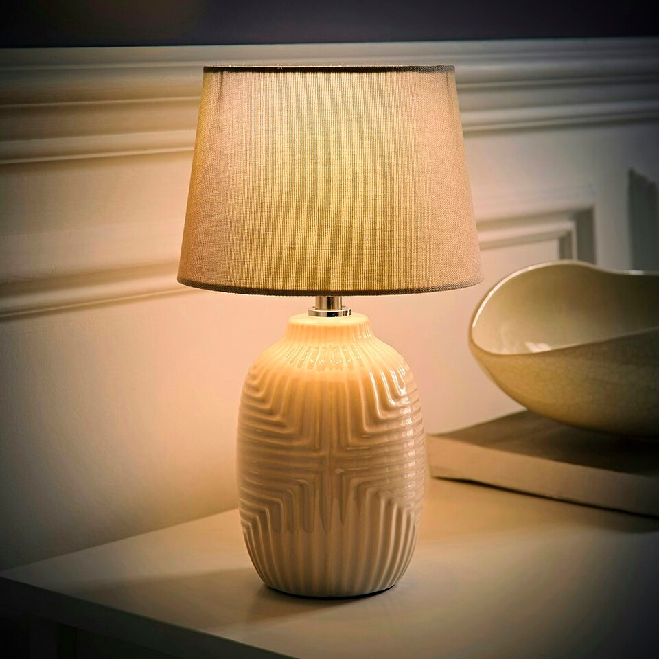 image 1 of ValueLights Harrison Tapered Lamp Shade Grey Geometric Ribbed Pattern Gloss Small Table Lamp Grey