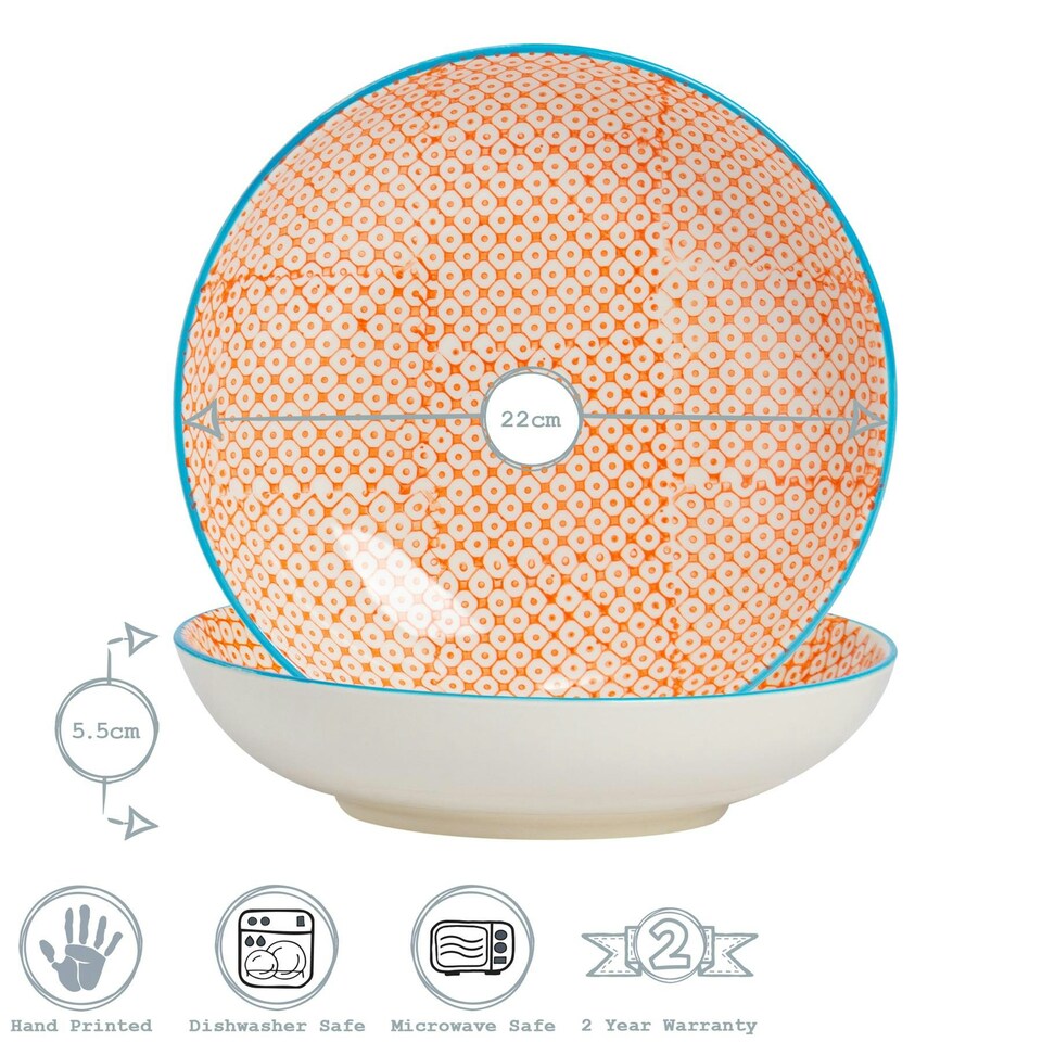 image 1 of Nicola Spring Hand-Printed Pasta Bowls - 22cm - Orange - Pack of 6 Multi