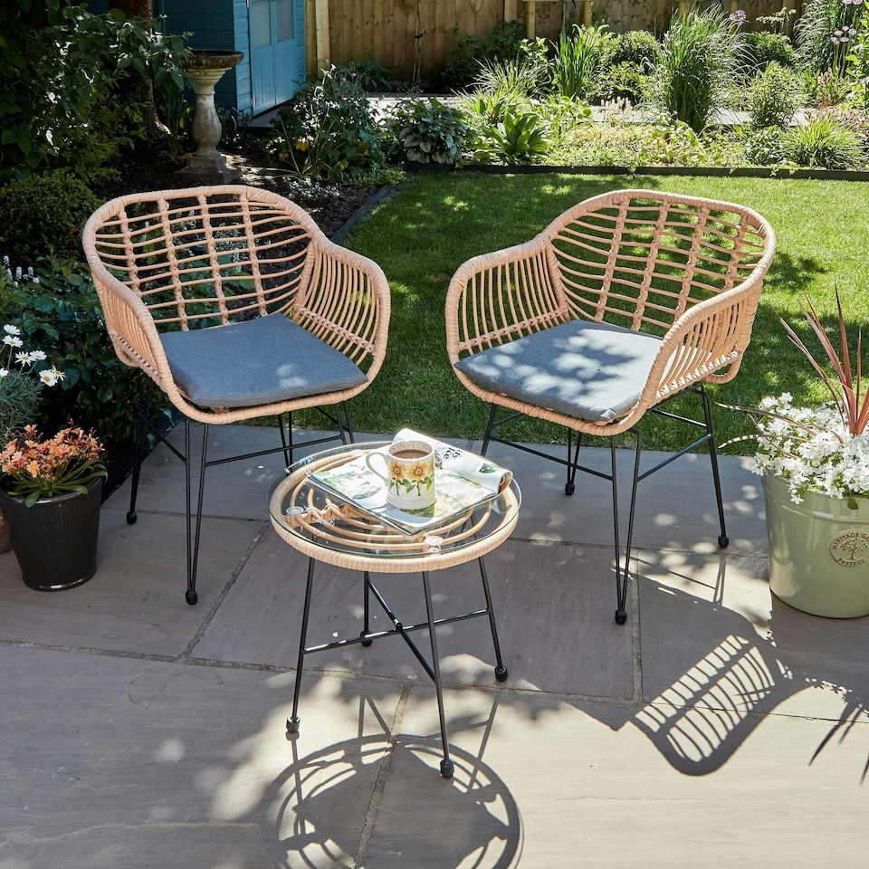 image 1 of Bistro Set Natural Wicker Frame Black Steel Leg Glass Tabletop Outdoor Furniture Brown