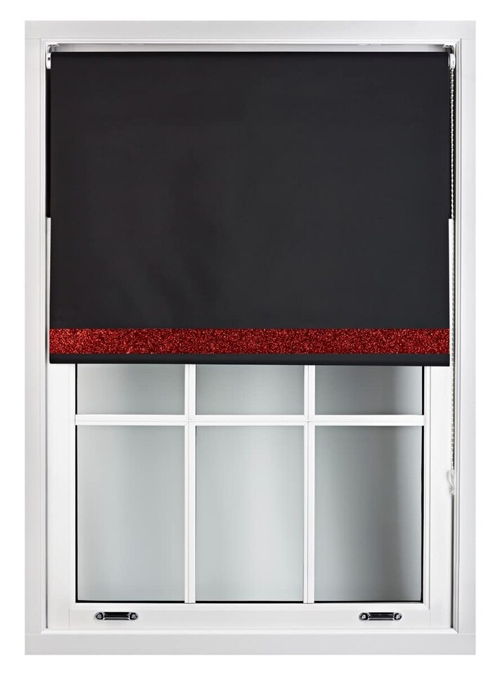 image 1 of FURNISHED Blackout Roller Blinds with Red Glitter Trim Made to Measure | Black | Black | (W) 150cm x (L) 165cm