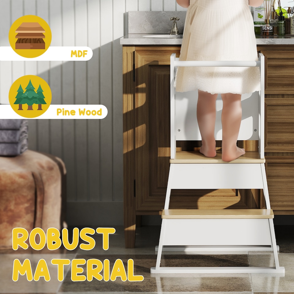 image 1 of AIYAPLAY 2 in 1 Toddler Tower w Chalkboard, Safety Rail, for Kitchen | White