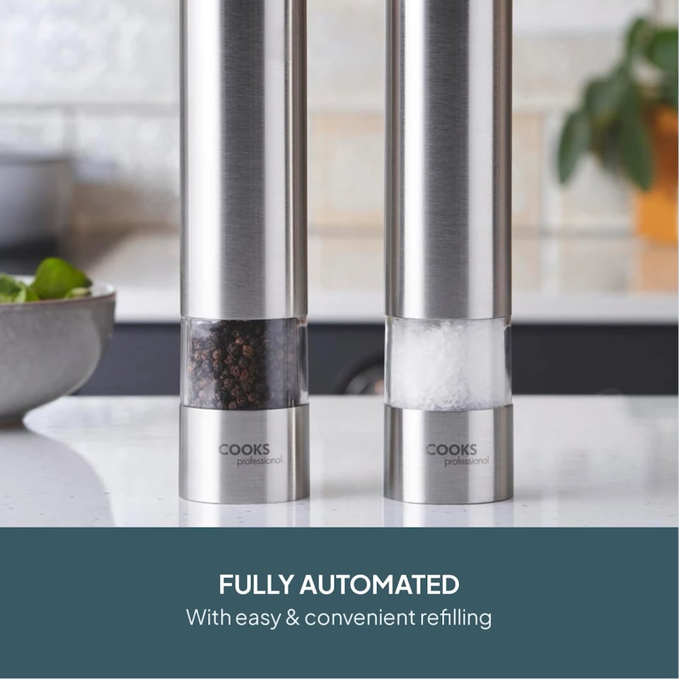 image 1 of Cooks Professional Electric Salt & Pepper Mill - Stainless Steel Automatic Grinder | Silver | Silver | 2