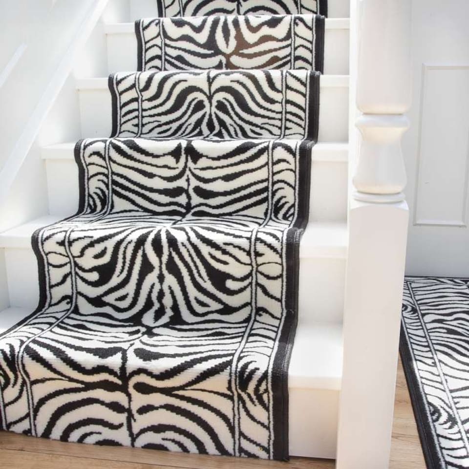 image 1 of KUKOON Black & White Zebra Print Cut to Measure Stair Carpet Runner Rug 60cm Wide 60cm x 600cm