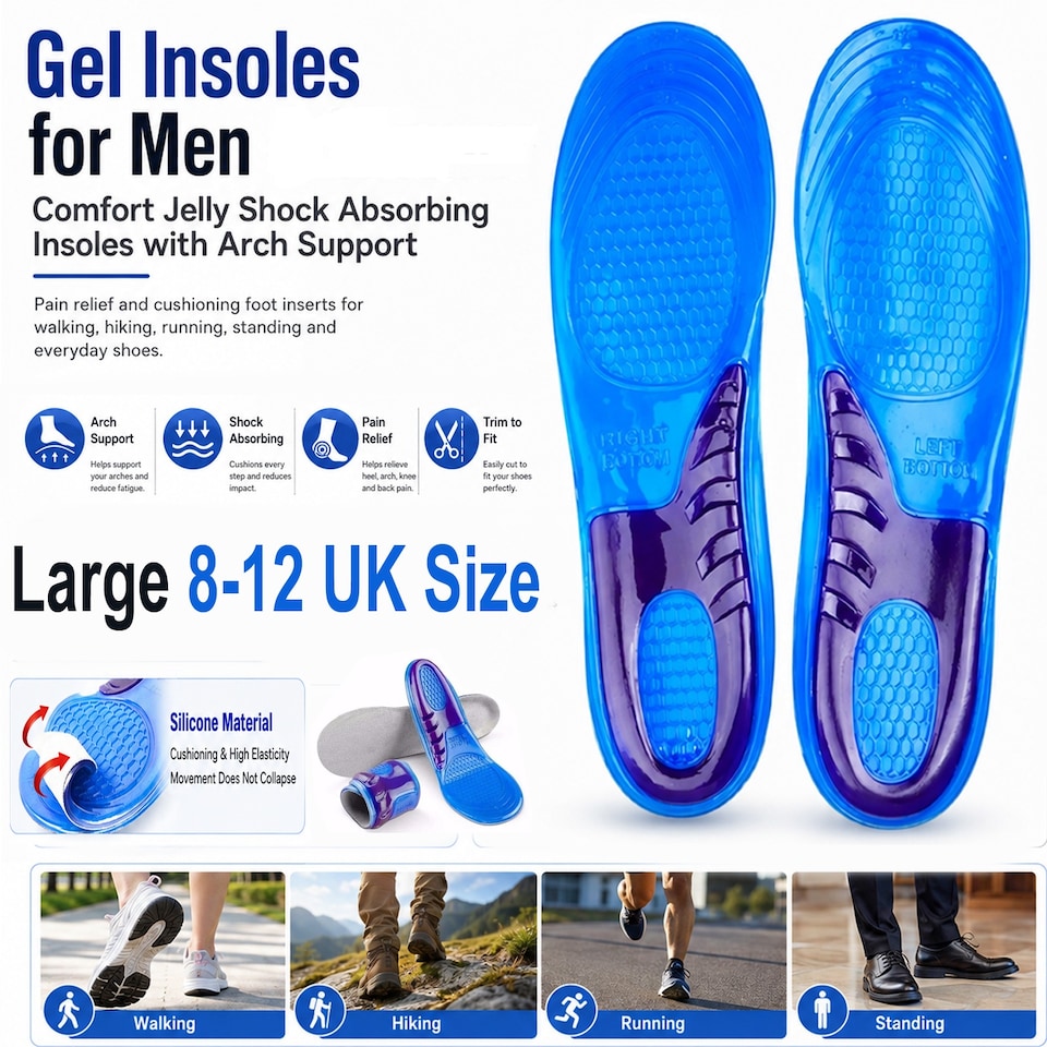 image 1 of Pair Men Gel Insoles 8-12 UK Size Cushioning Silicone Orthotic Shoe Insert Insole For Arch Heel Pain Comfort Support & Flat Feet