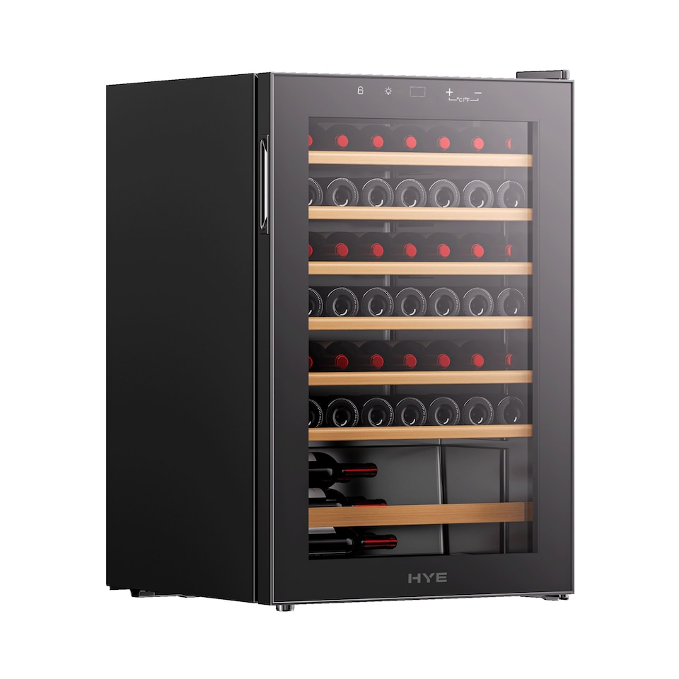 image 1 of HYE 130L Wine Cooler 48 Bottles, 54cm, Touch Controls, LED Lights, Black, Wooden Shelves - RF01WC48B31