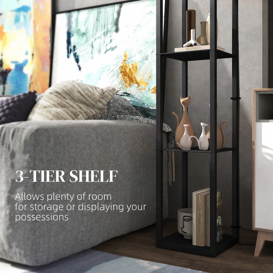 image 1 of HOMCOM Modern Floor Lamp Light with 3 Shelves Fabric Lampshade Black