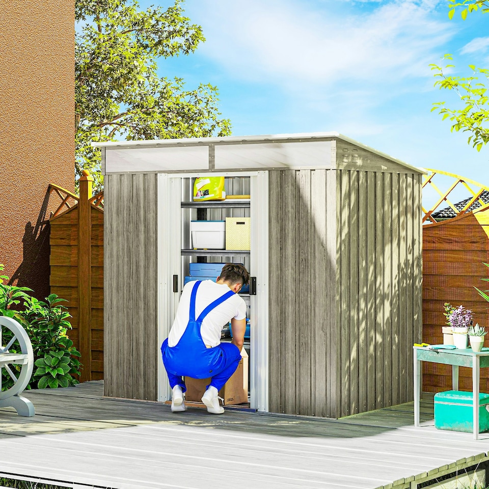 image 1 of Outsunny 6.5x4FT Garden Shed Lockable Metal Tool Shed Light Grey Wood Effect | Multi | 195W x 122D x 181.5H cm | 1