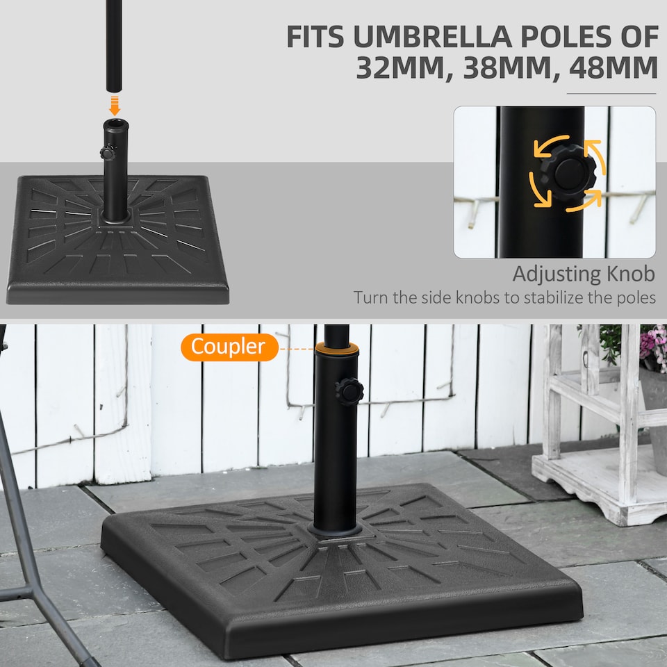 image 1 of Outsunny 19kg Resin Garden Parasol Base Holder, Square Outdoor Market Umbrella Stand Weight for Poles of 32mm, 38mm, and 48mm, Black