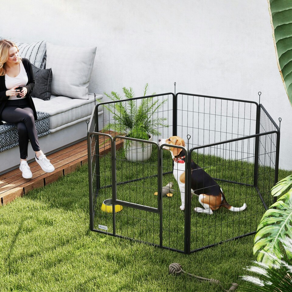 image 1 of PawHut Dog Playpen, 6 Panels Puppy Pen Dog Playpen, 80cm High, Grey