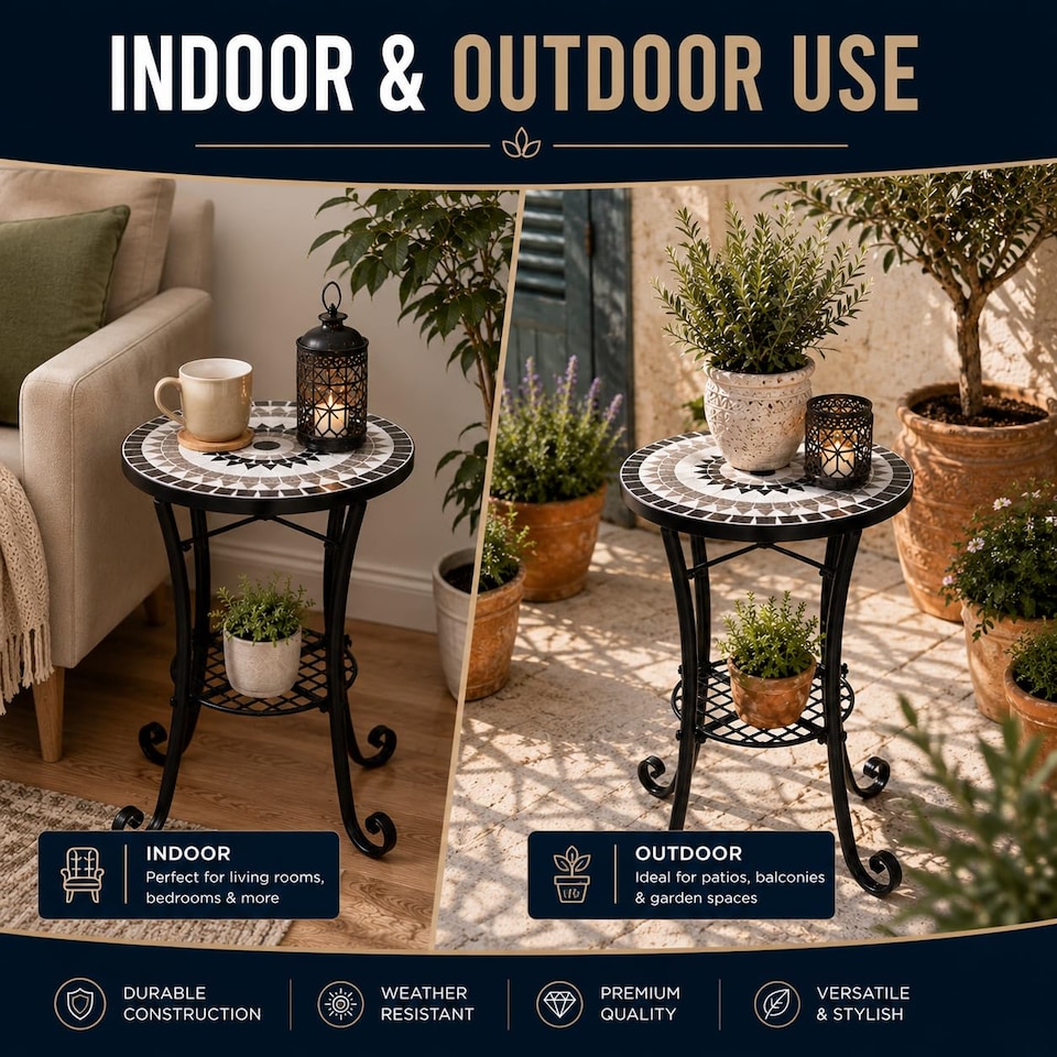 image 1 of Medina Mosaic Plant Stand Side Table with Ceramic Tile Top for Indoor and Outdoor Use