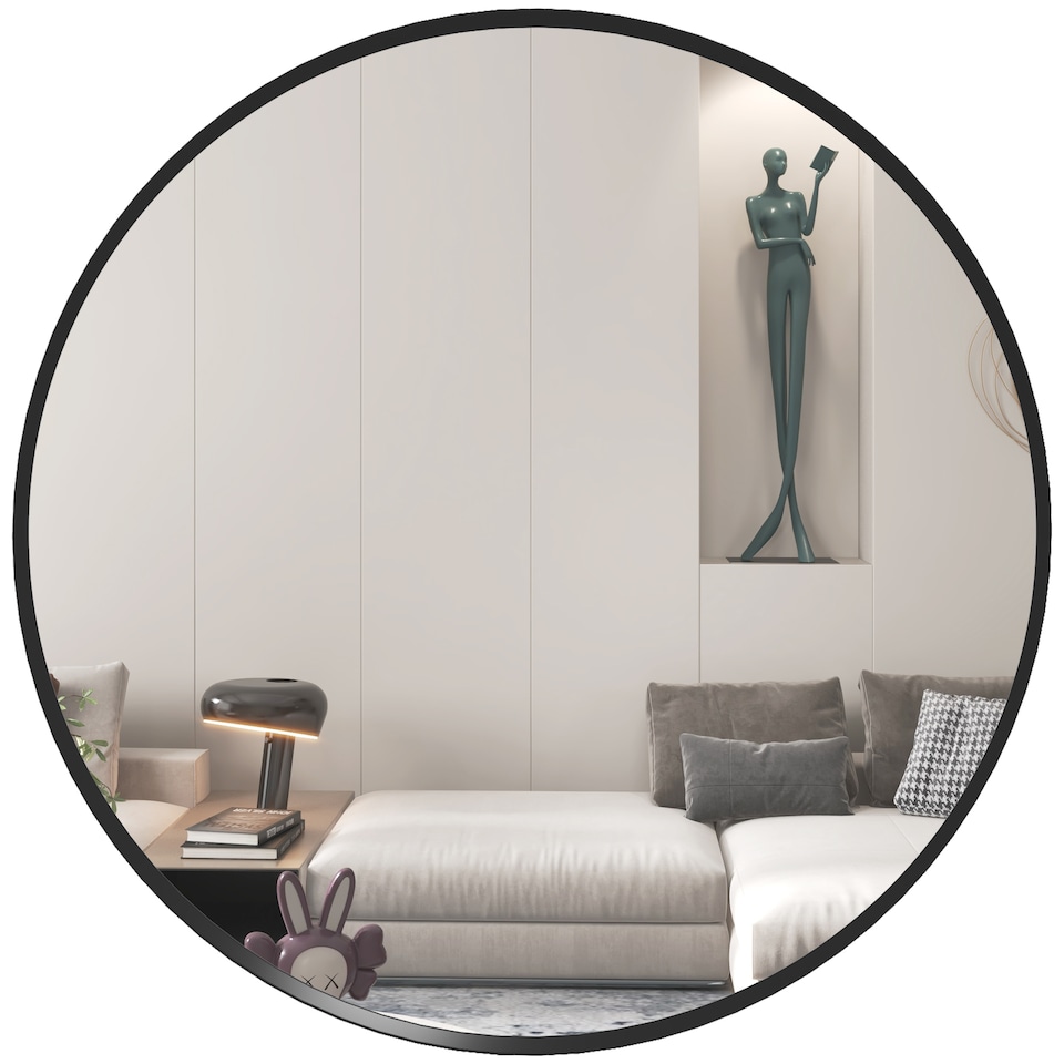 image 1 of HOMCOM Circle Wall Mirror, 61 cm Round Bathroom Mirror for Living Room, Bedroom, Hallway, Black