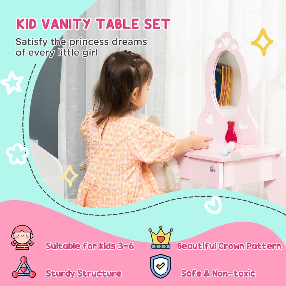 image 1 of HOMCOM Kids Vanity Table & Stool Girls Dressing Set Make Up Desk with Mirror | Pink