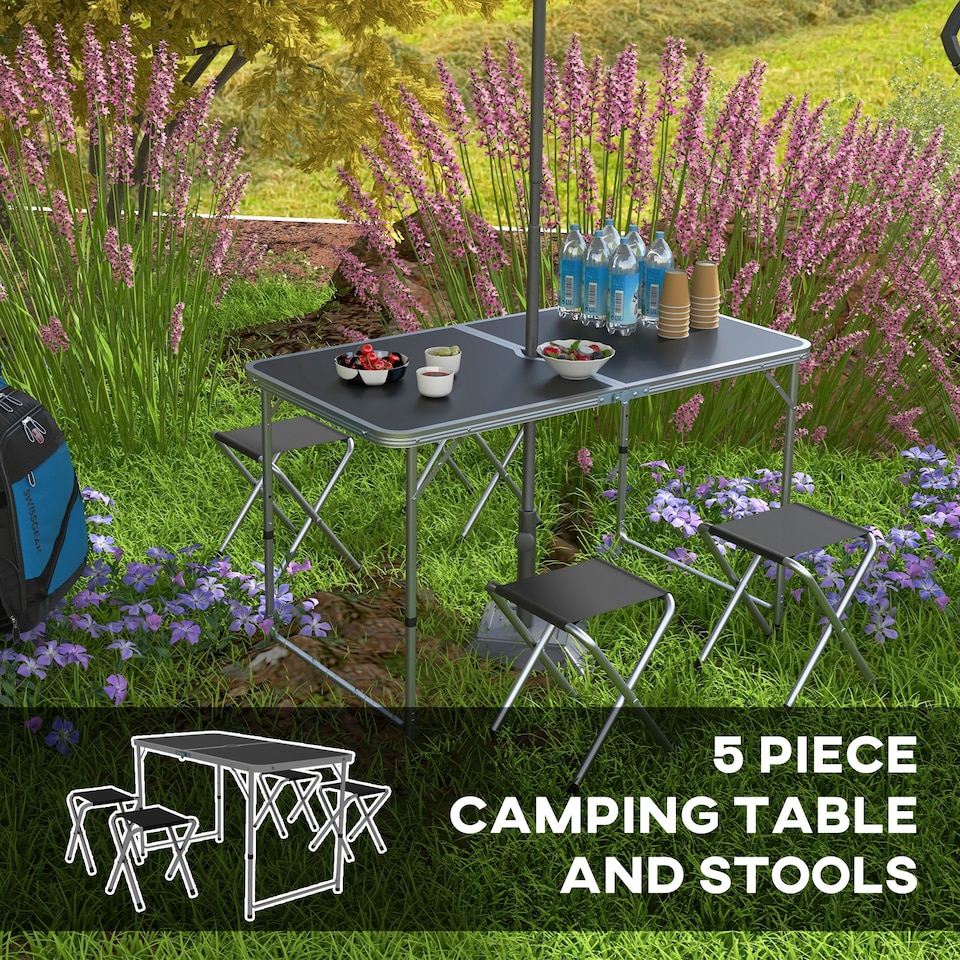 image 1 of Outsunny Camping Table and Chairs Outdoor Indoor Use for BBQ Picnic Garden | Black | Black | 1
