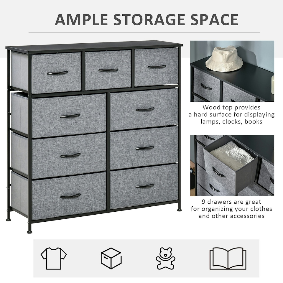 image 1 of HOMCOM 9 Drawers Storage Chest Dresser Organizer Unit w/ Foldable Bin