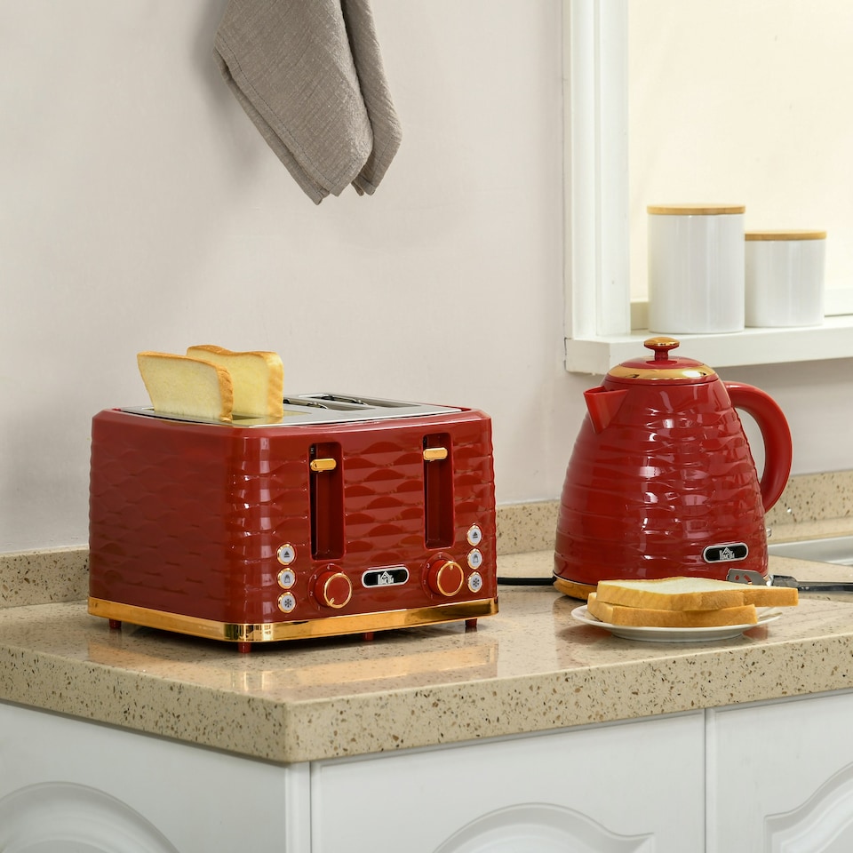 image 1 of HOMCOM Kettle and Toaster Set 1.7L Rapid Boil Kettle & 4 Slice Toaster Red