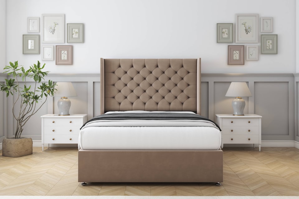 image 1 of Sloomy Dior Mink Plush Divan Bed With Mattress No Drawers With 54" Wingback Headboard 4' Small Double | Brown | Mink | Small Double | 1